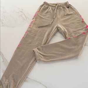 Aviator Nation Beige Joggers with pink lightning